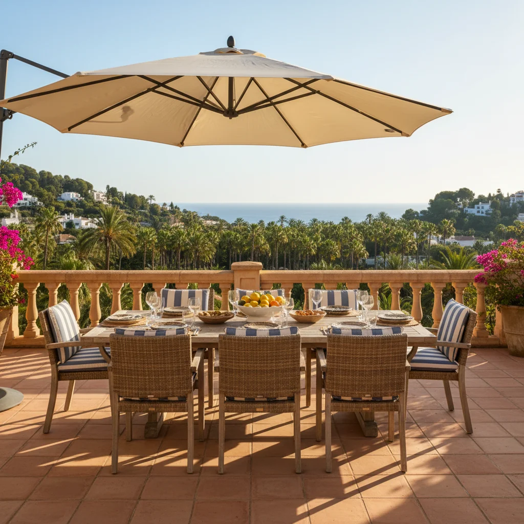 Instalación de sombrillas y parasoles en una terraza mediterránea en Elche, Costa Blanca