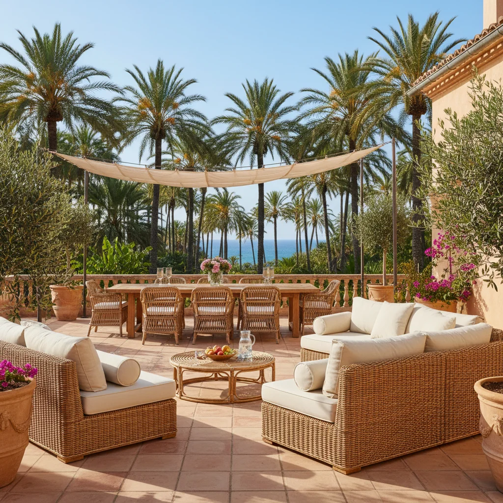Instalación de conjuntos lounge de ratán en una terraza mediterránea en Elche, Costa Blanca