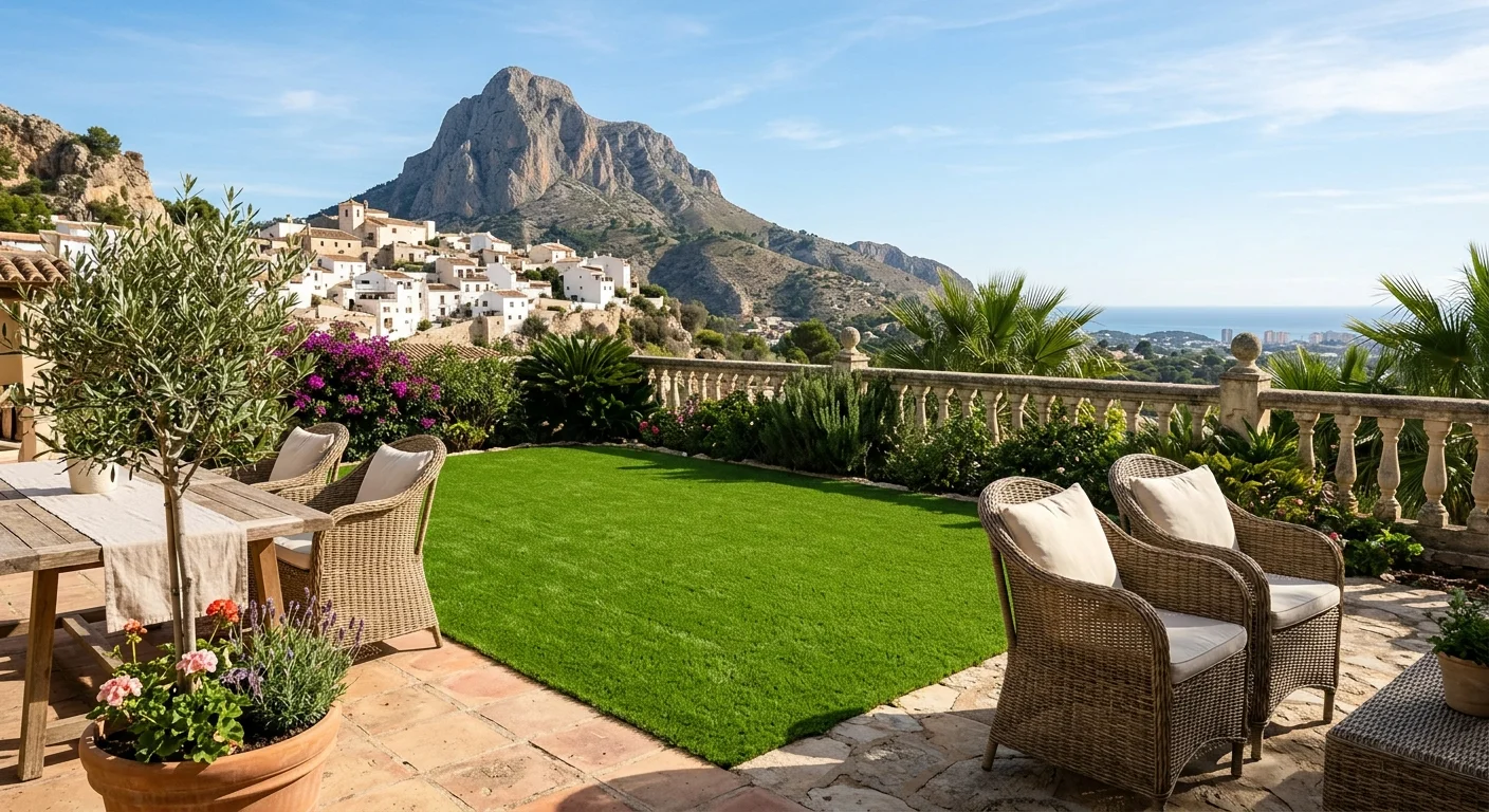 Artificial Grass & Landscaping setup on a Mediterranean terrace in Finestrat, Costa Blanca
