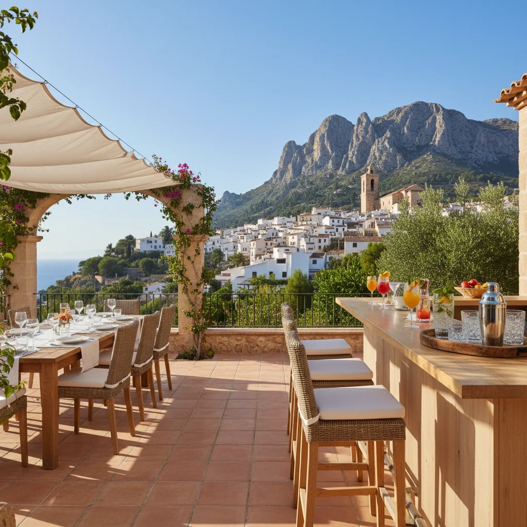 Outdoor Bar Furniture setup on a Mediterranean terrace in Finestrat, Costa Blanca