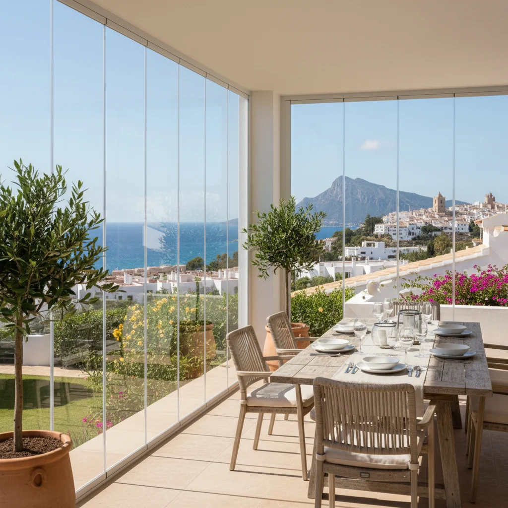 Instalación de cortinas de cristal en una terraza mediterránea en Finestrat, Costa Blanca