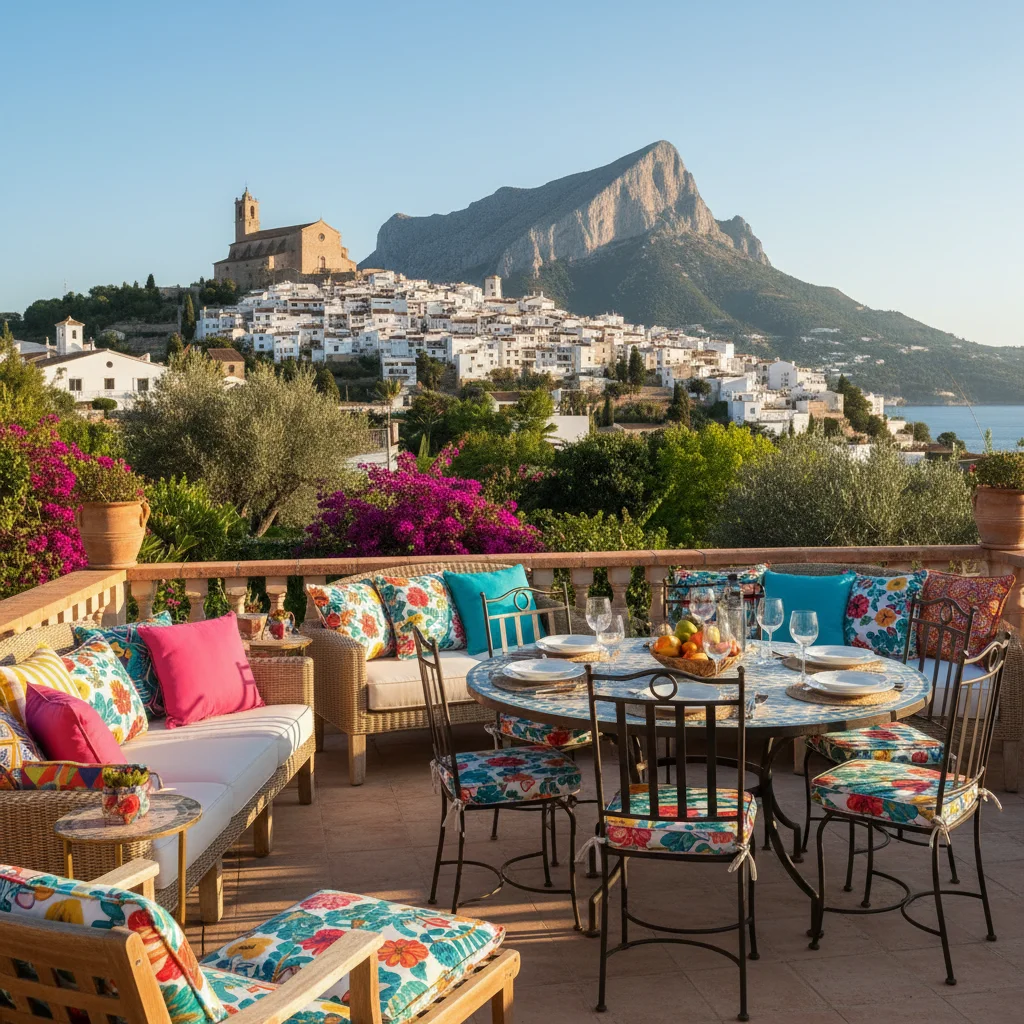 Outdoor-Kissen & Textilien-Einrichtung auf einer mediterranen Terrasse in Finestrat, Costa Blanca