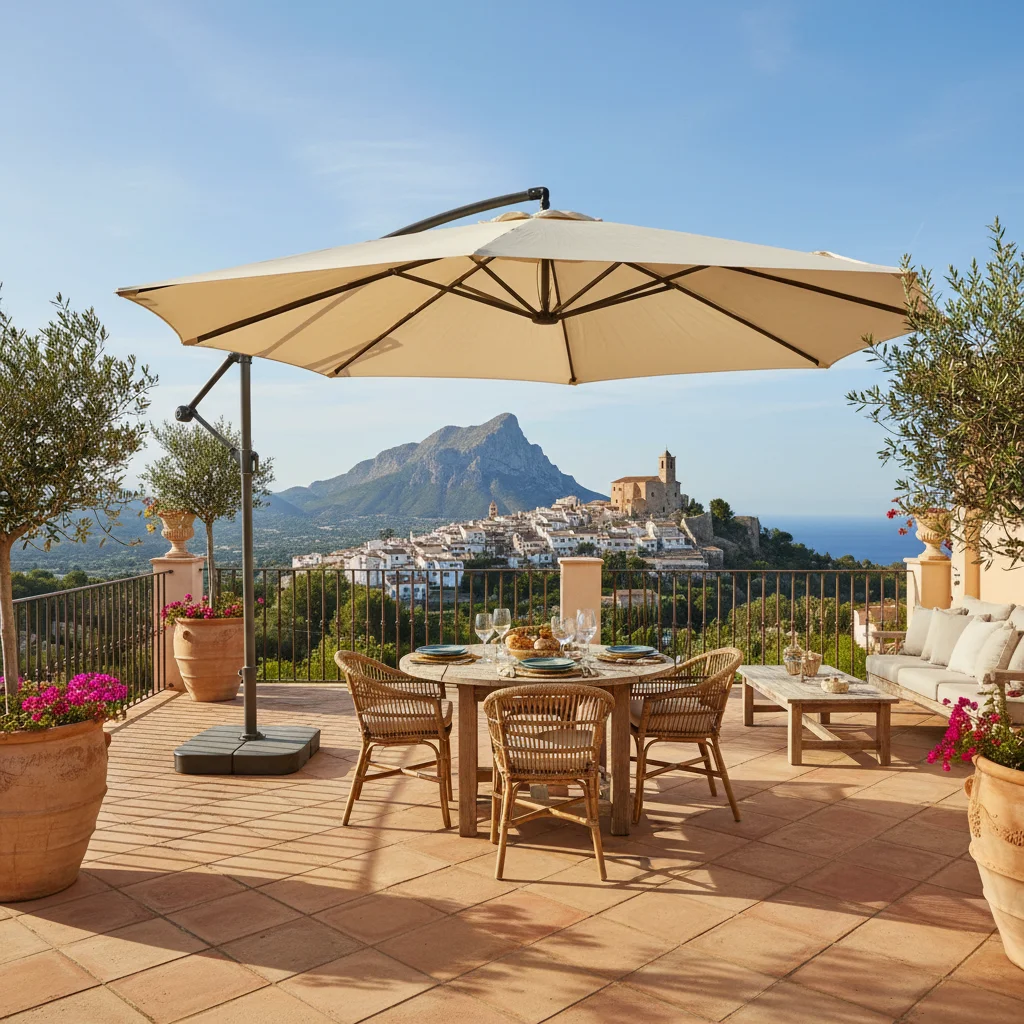 Parasols & Shade Sails setup on a Mediterranean terrace in Finestrat, Costa Blanca