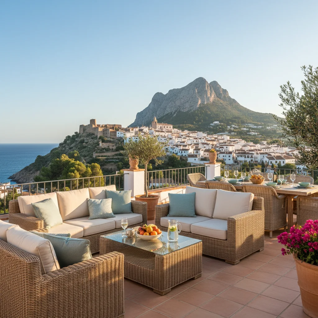 Installation de salons de jardin en rotin sur une terrasse méditerranéenne à Finestrat, Costa Blanca