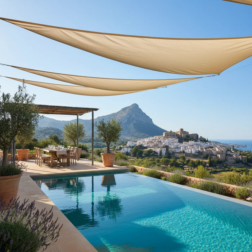 Solsegel uppsättning på en medelhavsterrass i Finestrat, Costa Blanca