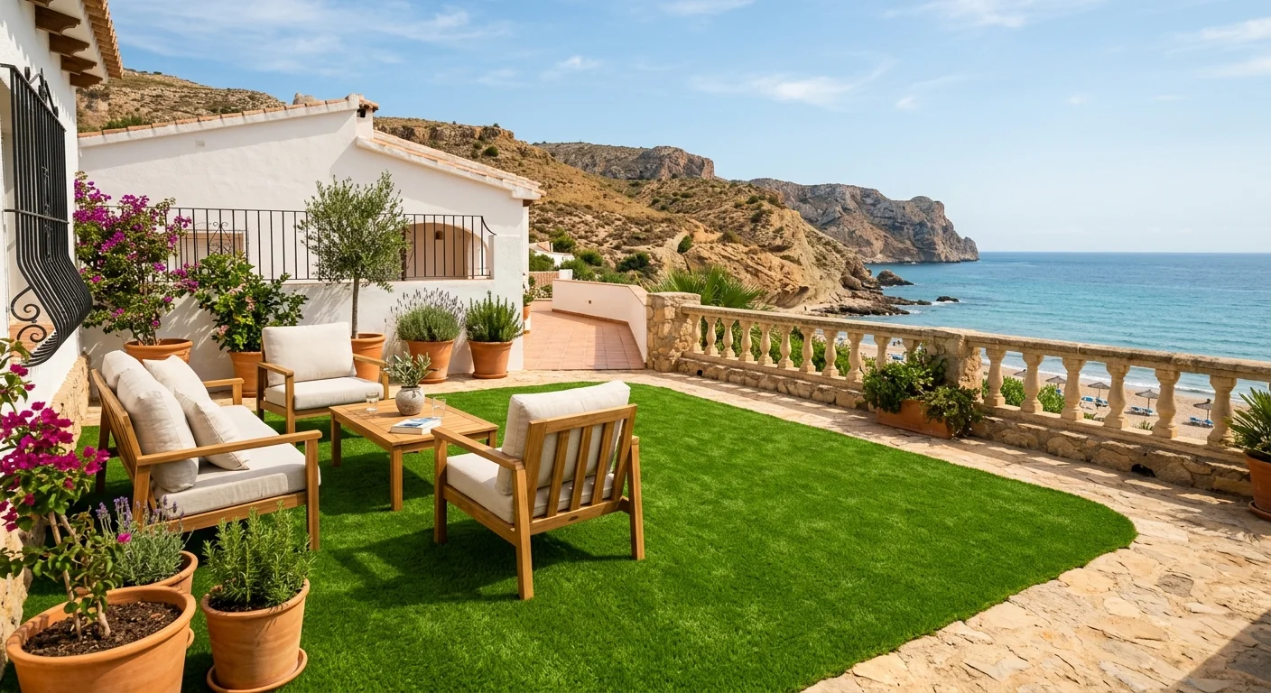 Instalación de césped artificial y paisajismo en una terraza mediterránea en Gran Alacant, Costa Blanca