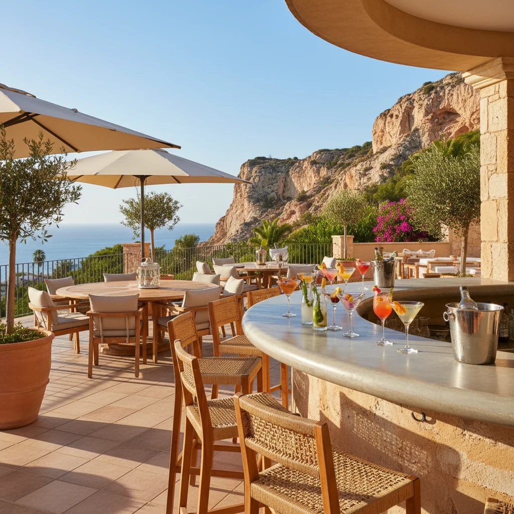 Instalación de muebles de bar exterior en una terraza mediterránea en Gran Alacant, Costa Blanca