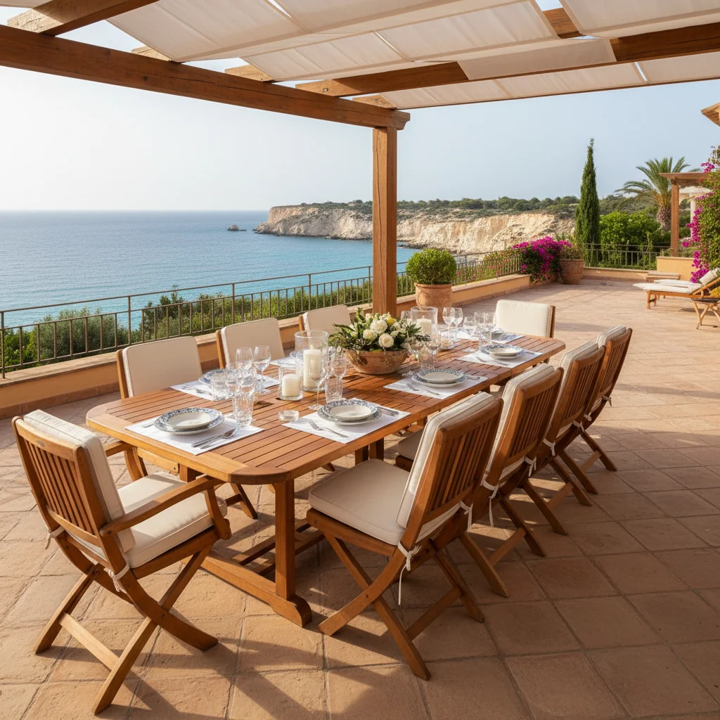Instalación de conjuntos de comedor exterior en una terraza mediterránea en Gran Alacant, Costa Blanca