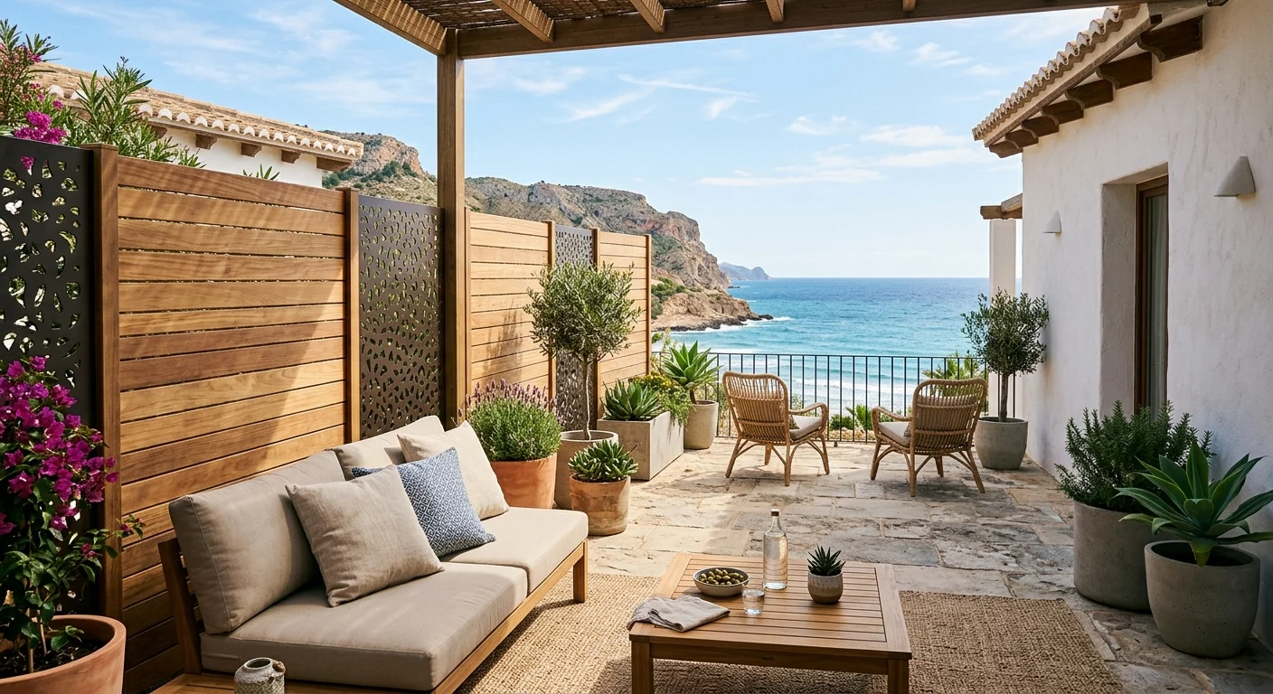 Instalación de vallas y cercas de jardín en una terraza mediterránea en Gran Alacant, Costa Blanca