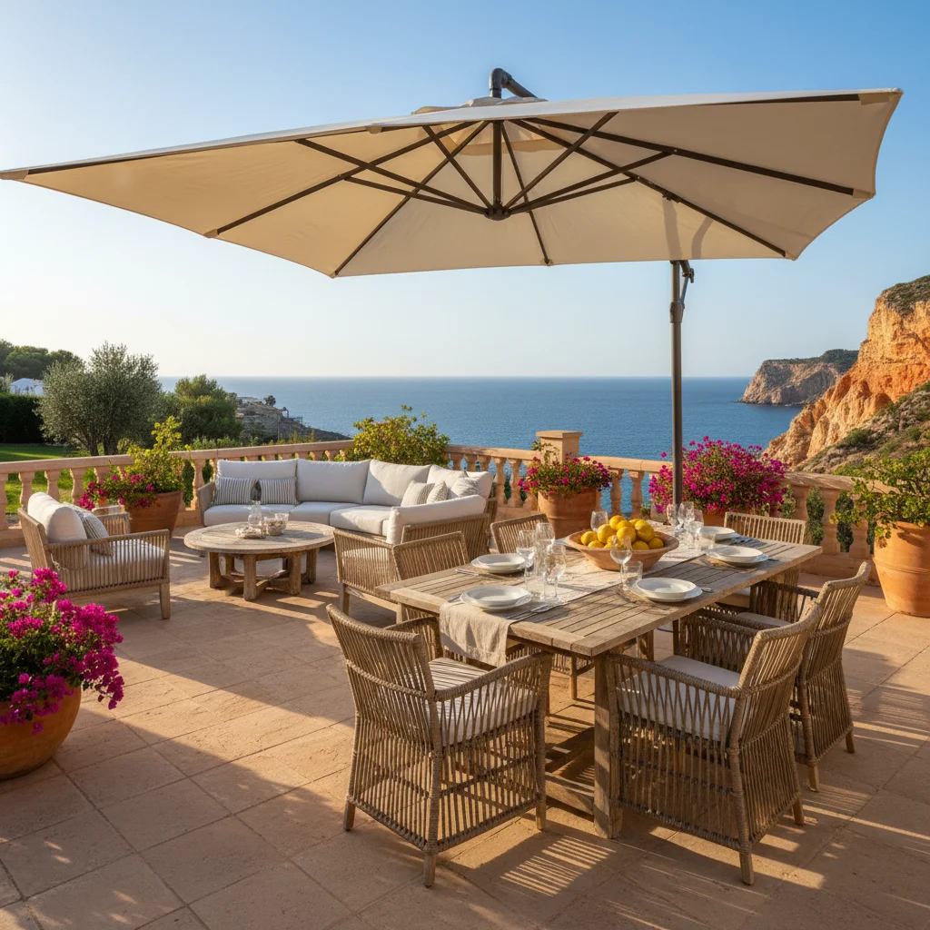 Instalación de sombrillas y parasoles en una terraza mediterránea en Gran Alacant, Costa Blanca