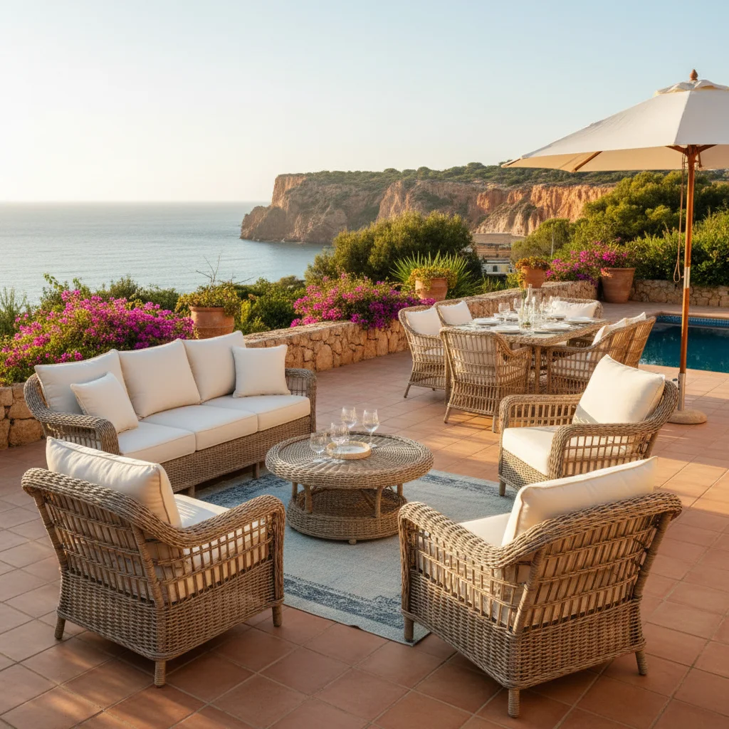 Instalación de conjuntos lounge de ratán en una terraza mediterránea en Gran Alacant, Costa Blanca