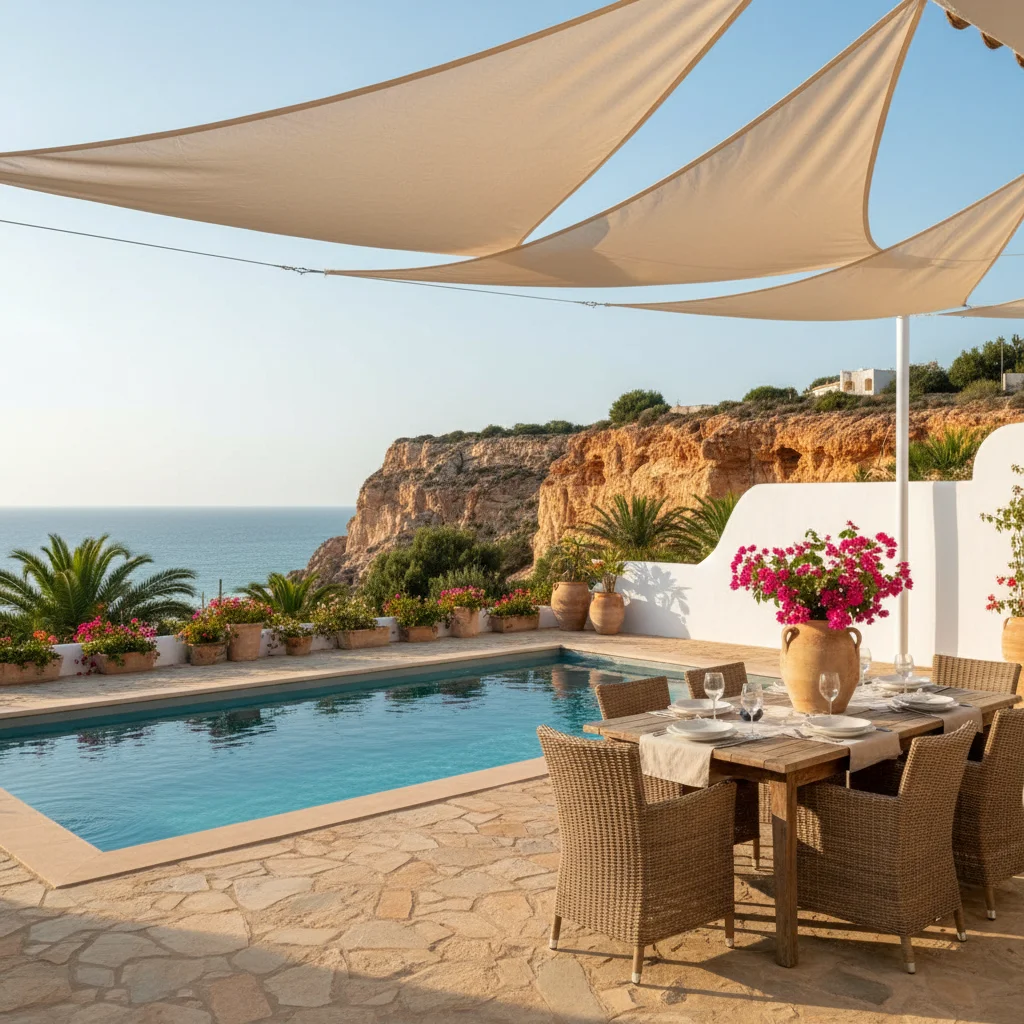 Instalación de velas de sombra en una terraza mediterránea en Gran Alacant, Costa Blanca