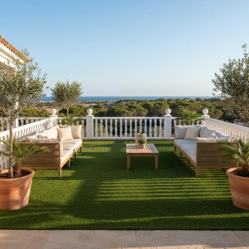 Instalación de césped artificial y paisajismo en una terraza mediterránea en Guardamar del Segura, Costa Blanca