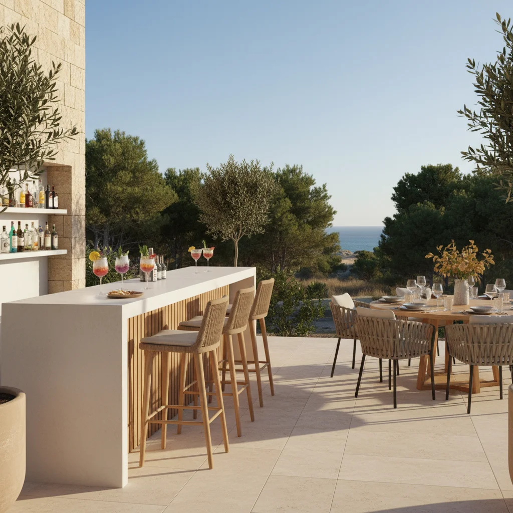 Instalación de muebles de bar exterior en una terraza mediterránea en Guardamar del Segura, Costa Blanca