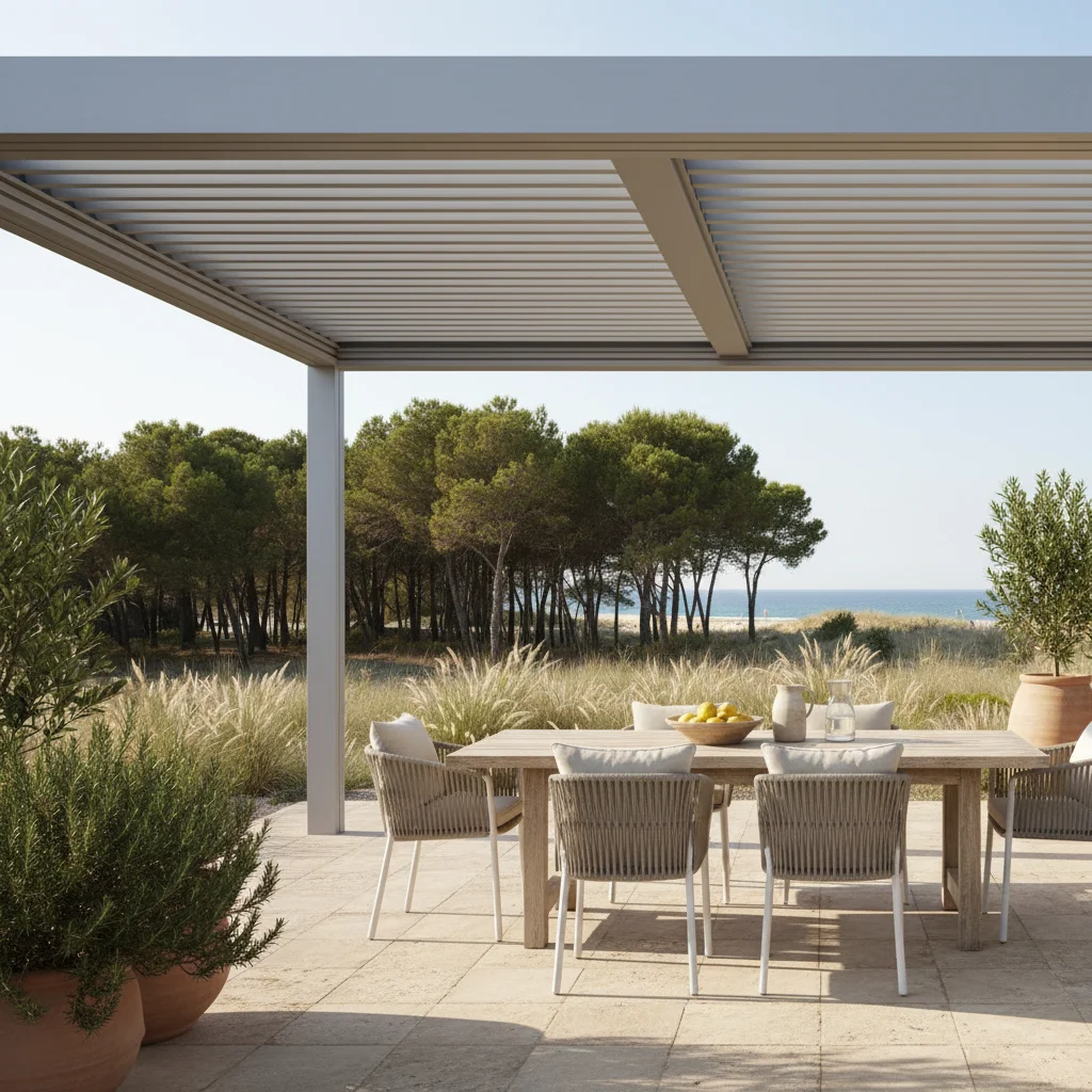 Instalación de pérgolas bioclimáticas en una terraza mediterránea en Guardamar del Segura, Costa Blanca