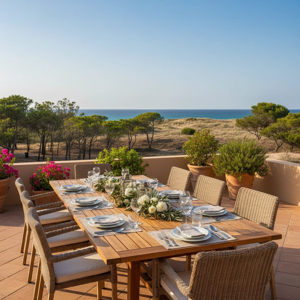 Instalación de conjuntos de comedor exterior en una terraza mediterránea en Guardamar del Segura, Costa Blanca