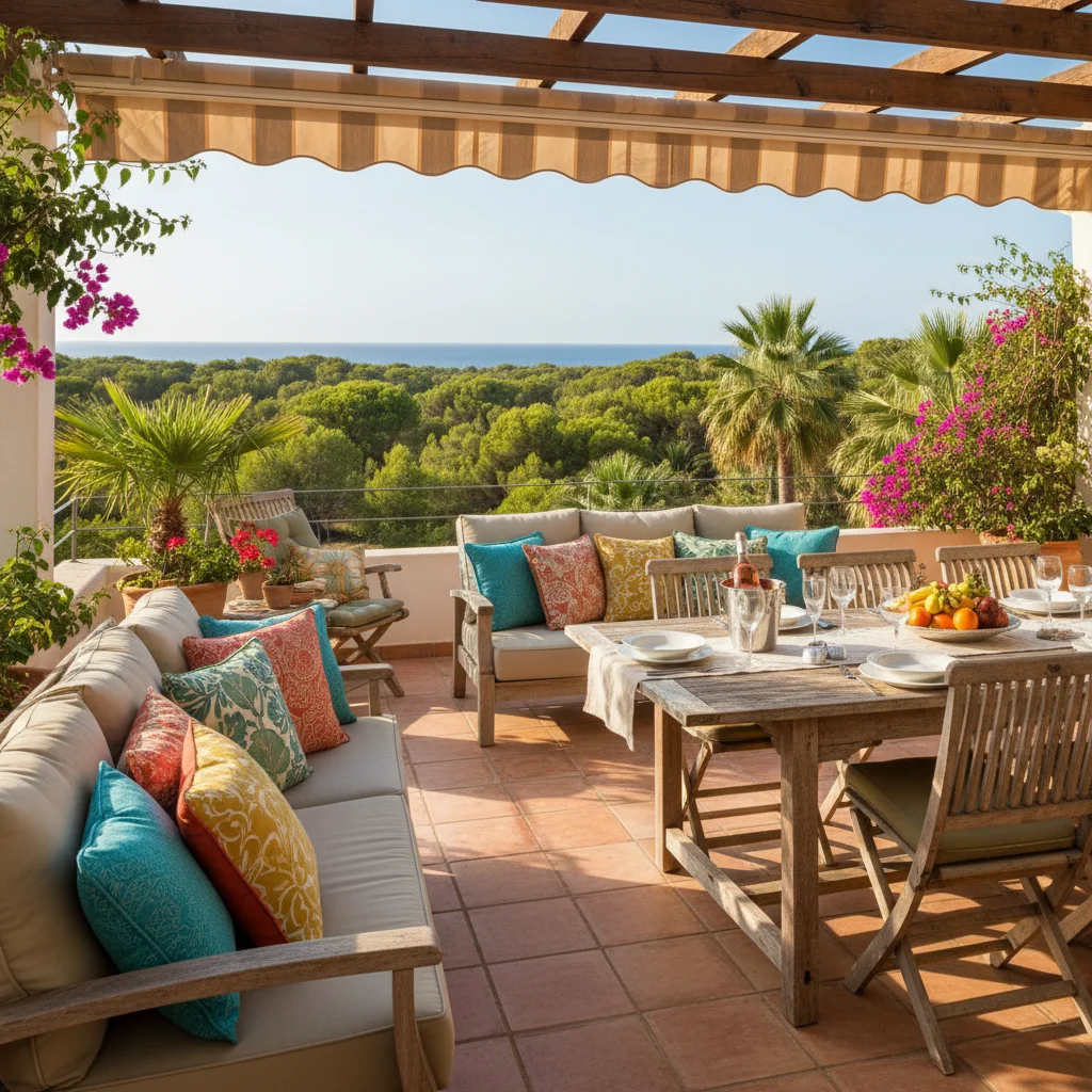 Outdoor-Kissen & Textilien-Einrichtung auf einer mediterranen Terrasse in Guardamar del Segura, Costa Blanca