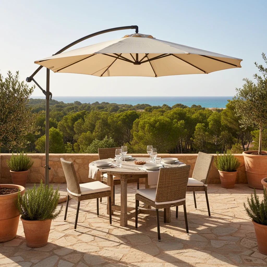 Instalación de sombrillas y parasoles en una terraza mediterránea en Guardamar del Segura, Costa Blanca