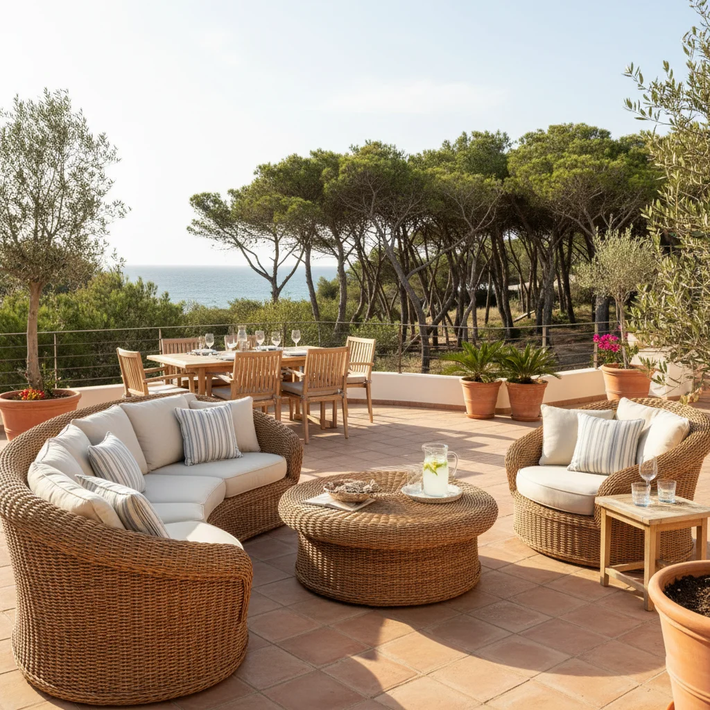 Instalación de conjuntos lounge de ratán en una terraza mediterránea en Guardamar del Segura, Costa Blanca