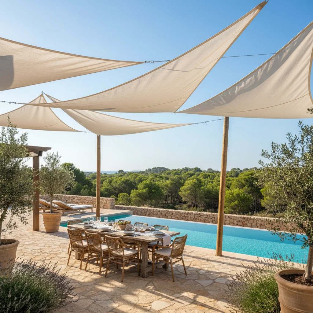 Instalación de velas de sombra en una terraza mediterránea en Guardamar del Segura, Costa Blanca