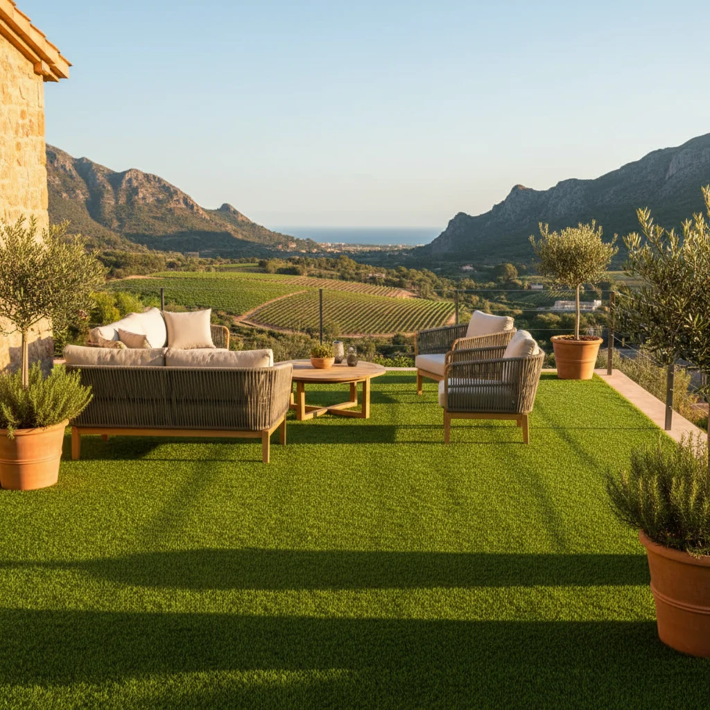 Instalación de césped artificial y paisajismo en una terraza mediterránea en Jalón, Costa Blanca