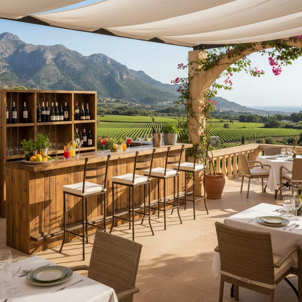 Instalación de muebles de bar exterior en una terraza mediterránea en Jalón, Costa Blanca