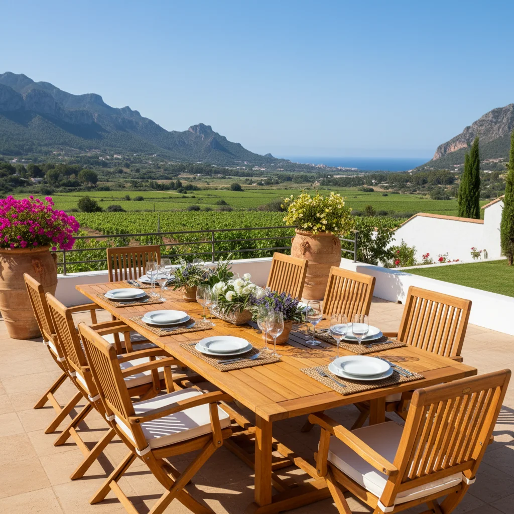Instalación de conjuntos de comedor exterior en una terraza mediterránea en Jalón, Costa Blanca