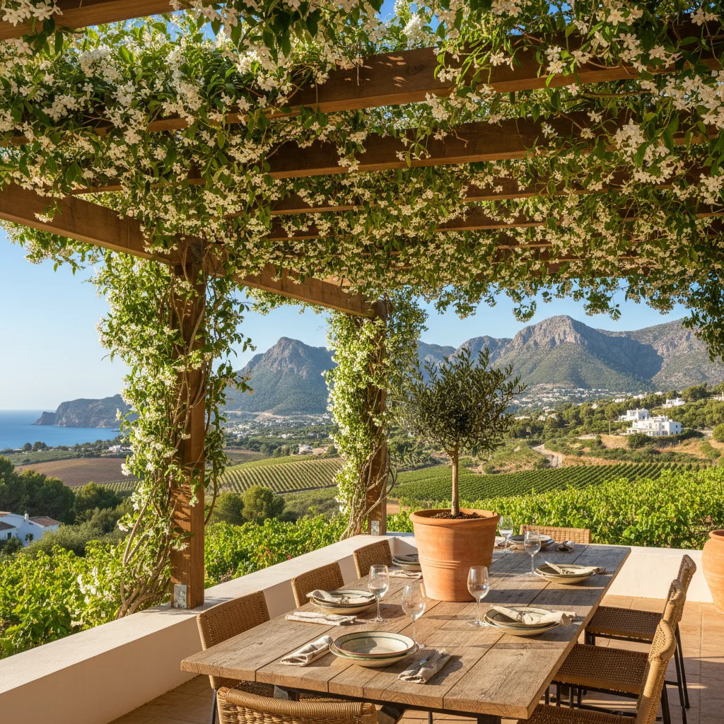 Fixed Pergolas setup on a Mediterranean terrace in Jalón, Costa Blanca