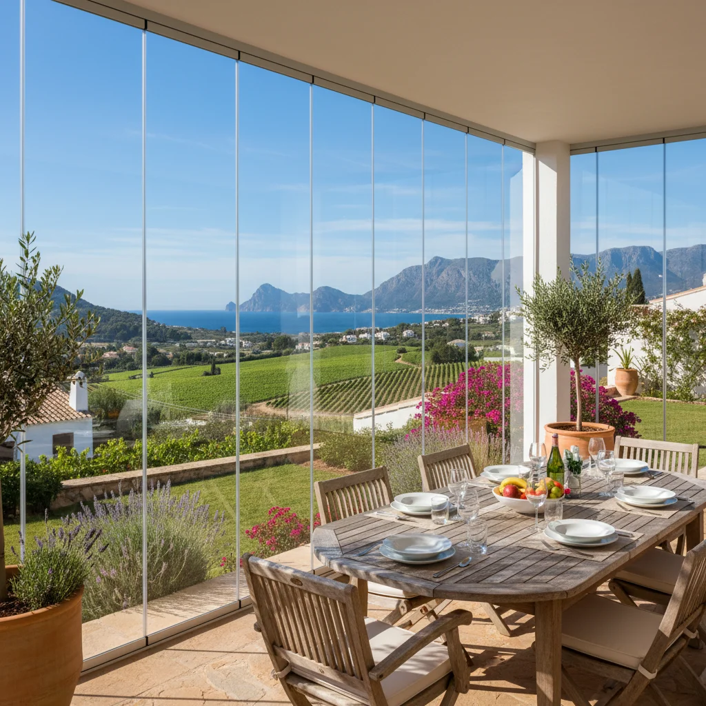 Instalación de cortinas de cristal en una terraza mediterránea en Jalón, Costa Blanca