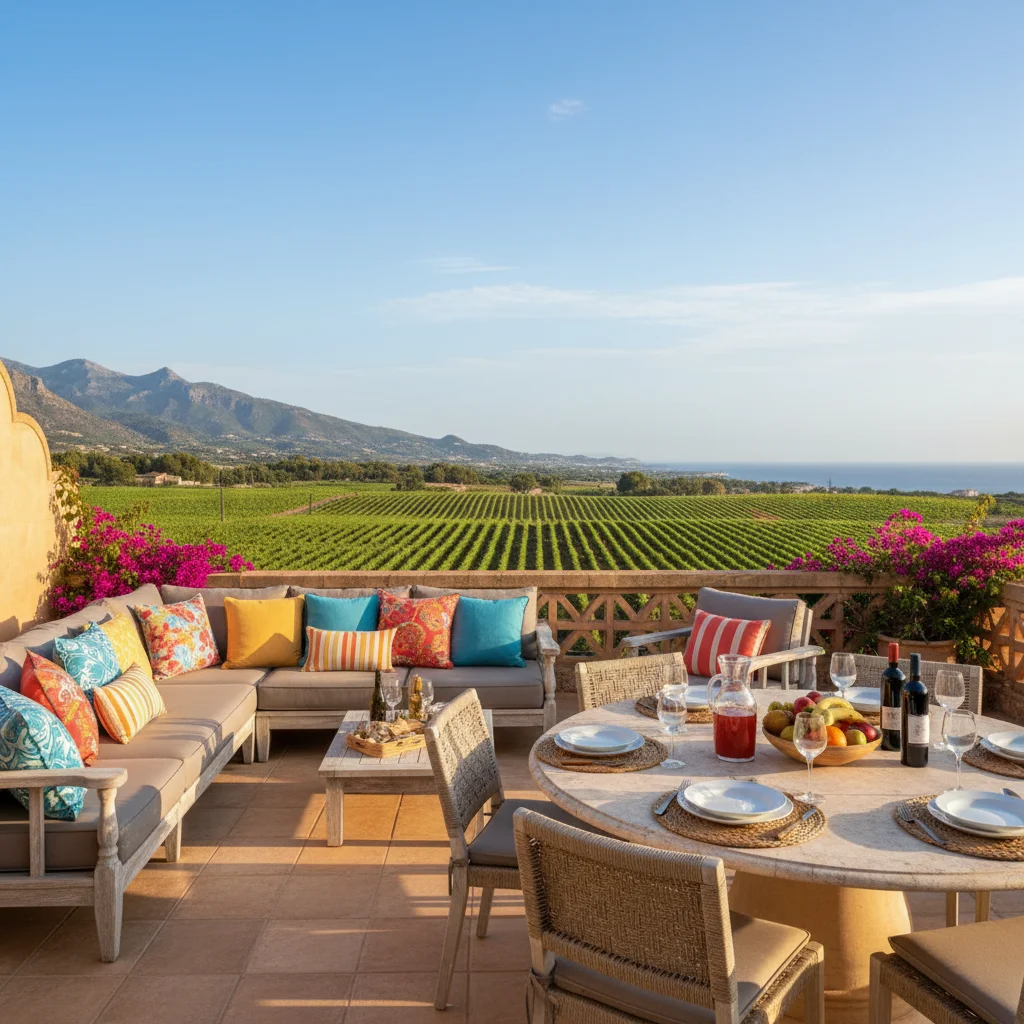 Outdoor-Kissen & Textilien-Einrichtung auf einer mediterranen Terrasse in Jalón, Costa Blanca