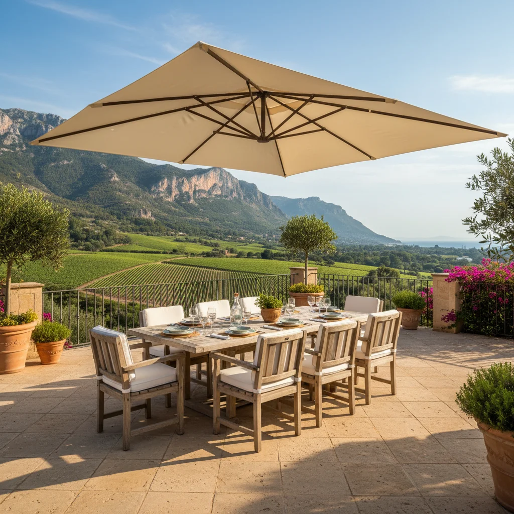 Instalación de sombrillas y parasoles en una terraza mediterránea en Jalón, Costa Blanca