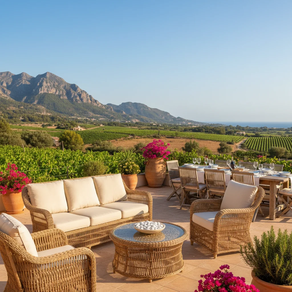 Instalación de conjuntos lounge de ratán en una terraza mediterránea en Jalón, Costa Blanca