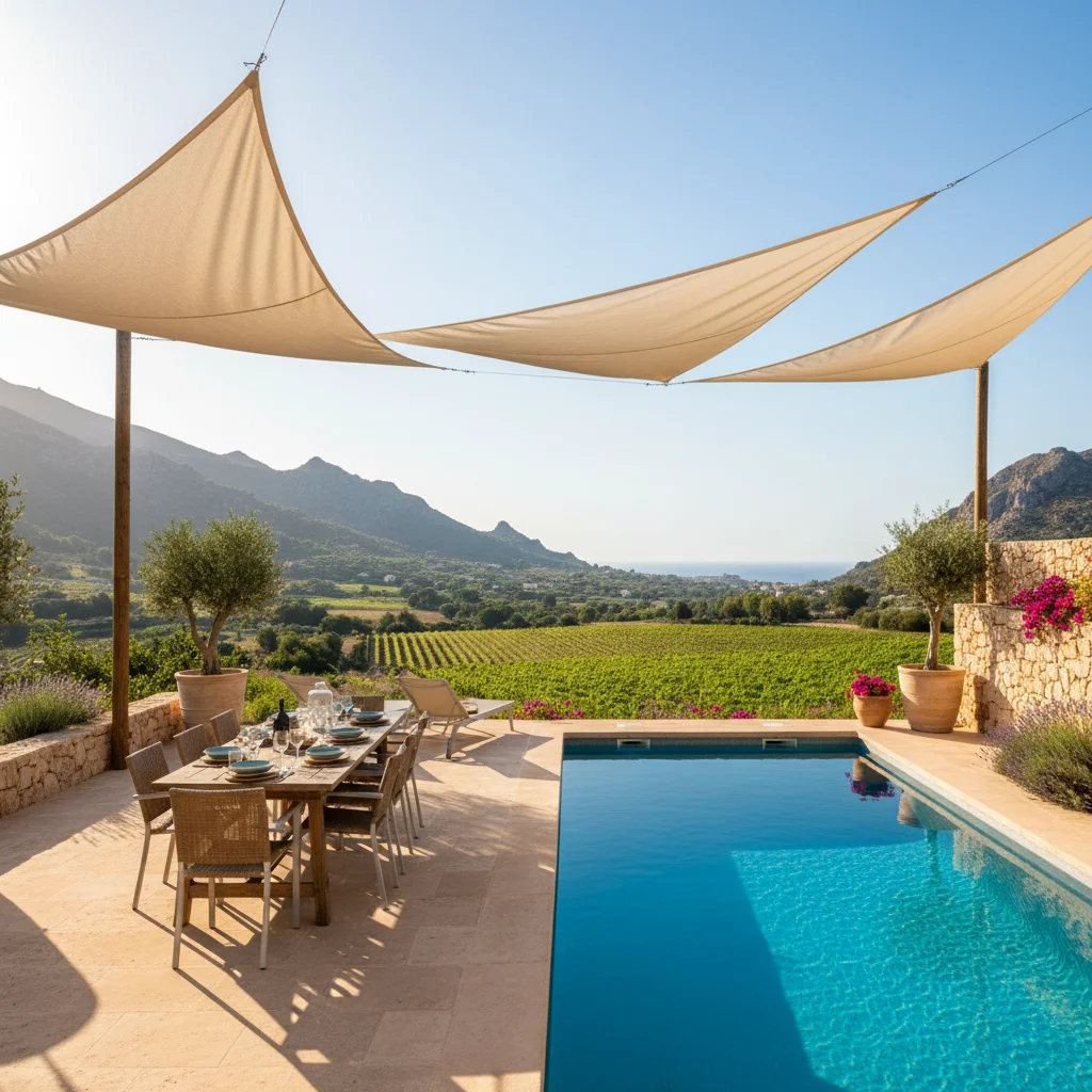 Instalación de velas de sombra en una terraza mediterránea en Jalón, Costa Blanca