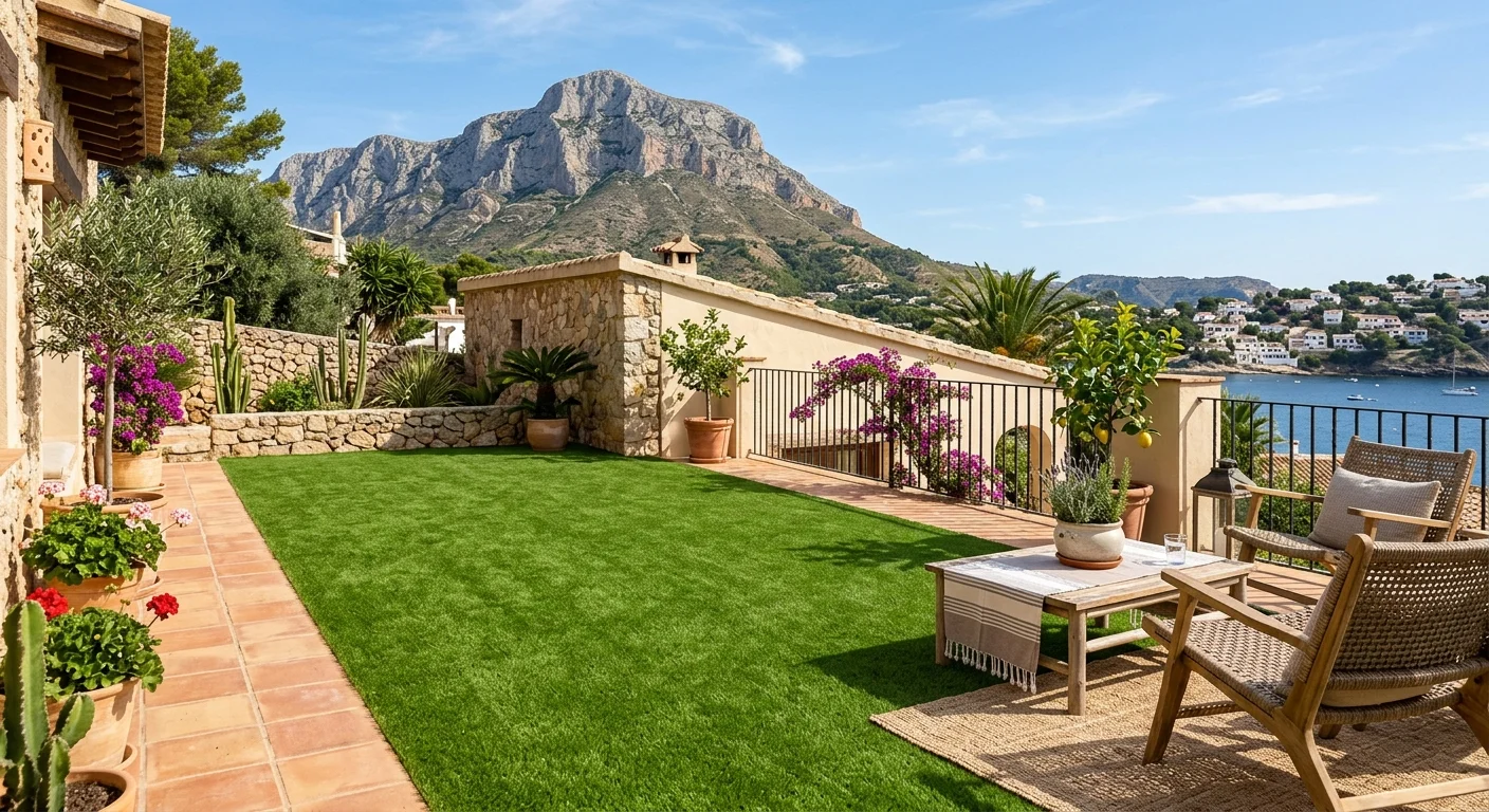 Instalación de césped artificial y paisajismo en una terraza mediterránea en Jávea, Costa Blanca