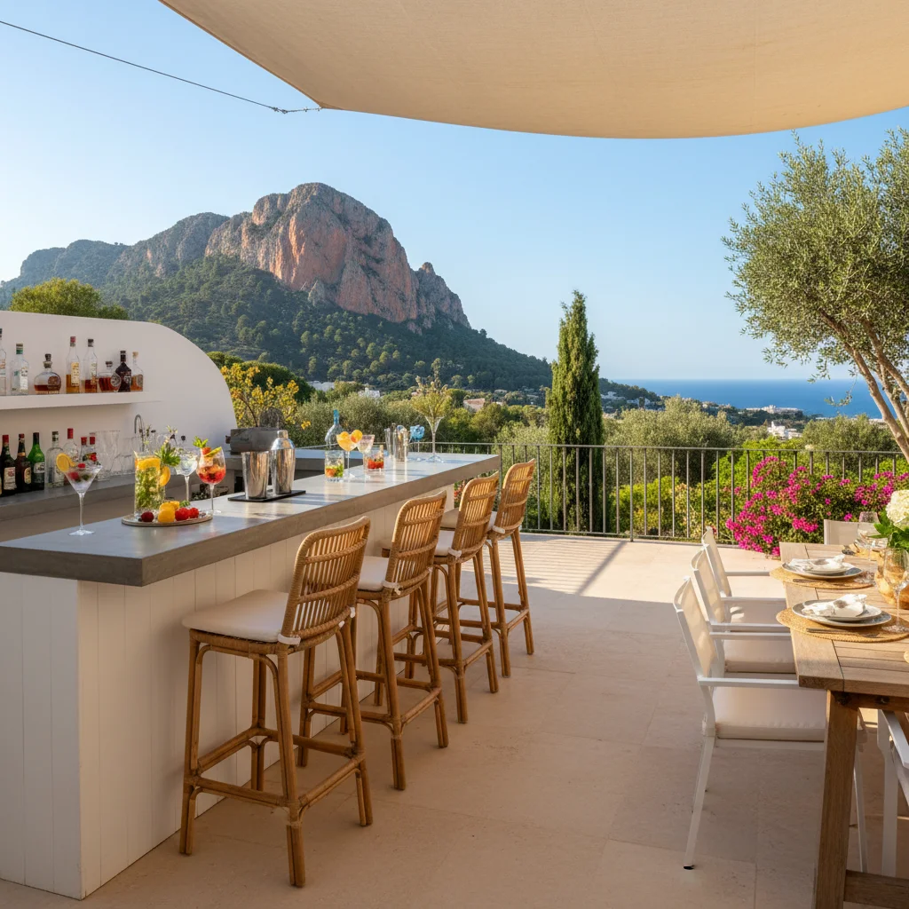 Instalación de muebles de bar exterior en una terraza mediterránea en Jávea, Costa Blanca