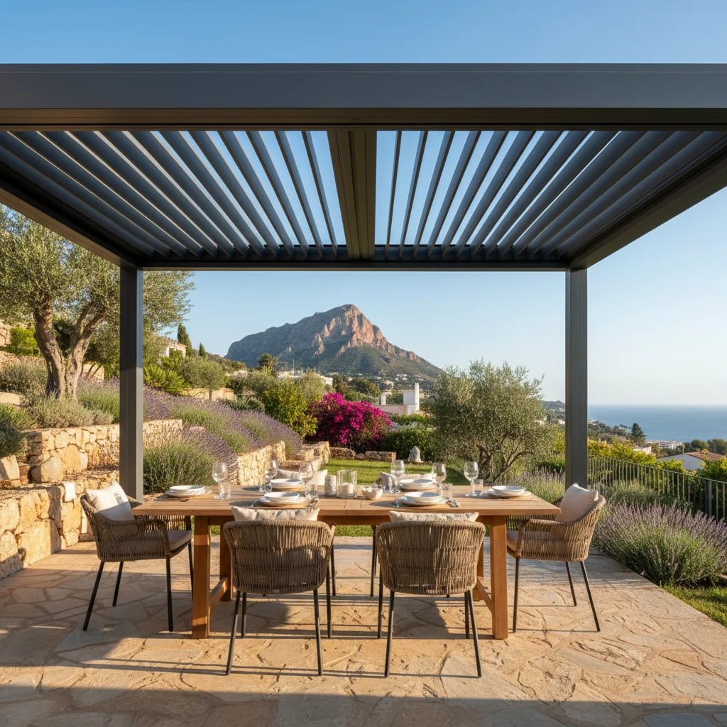 Instalación de pérgolas bioclimáticas en una terraza mediterránea en Jávea, Costa Blanca