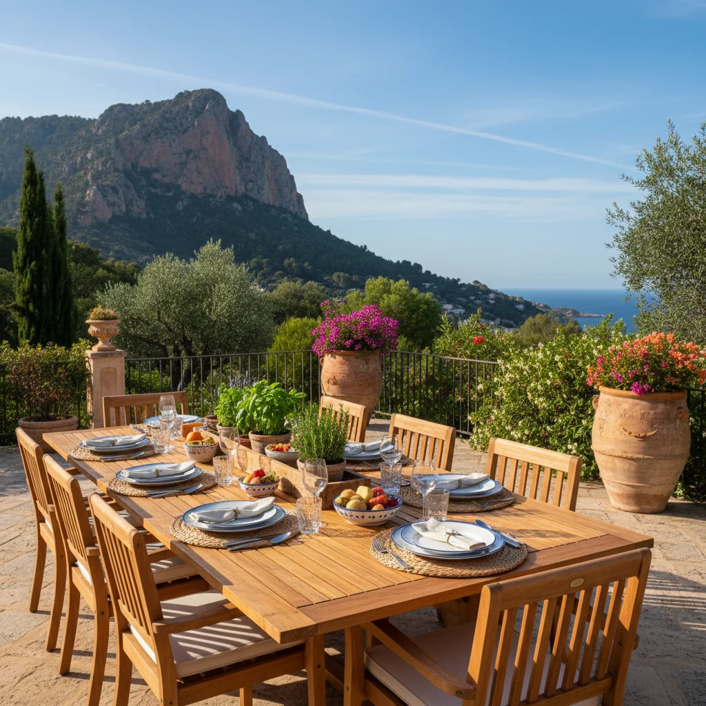 Instalación de conjuntos de comedor exterior en una terraza mediterránea en Jávea, Costa Blanca