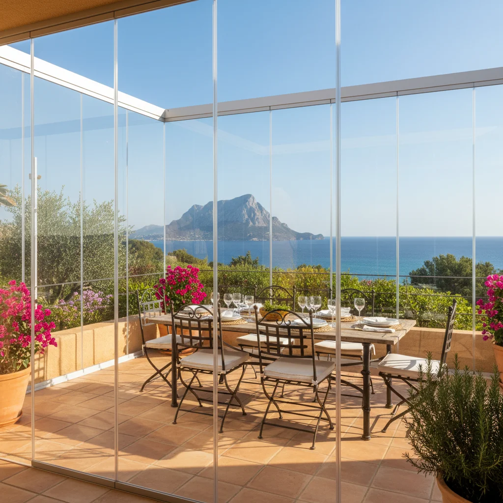 Instalación de cortinas de cristal en una terraza mediterránea en Jávea, Costa Blanca