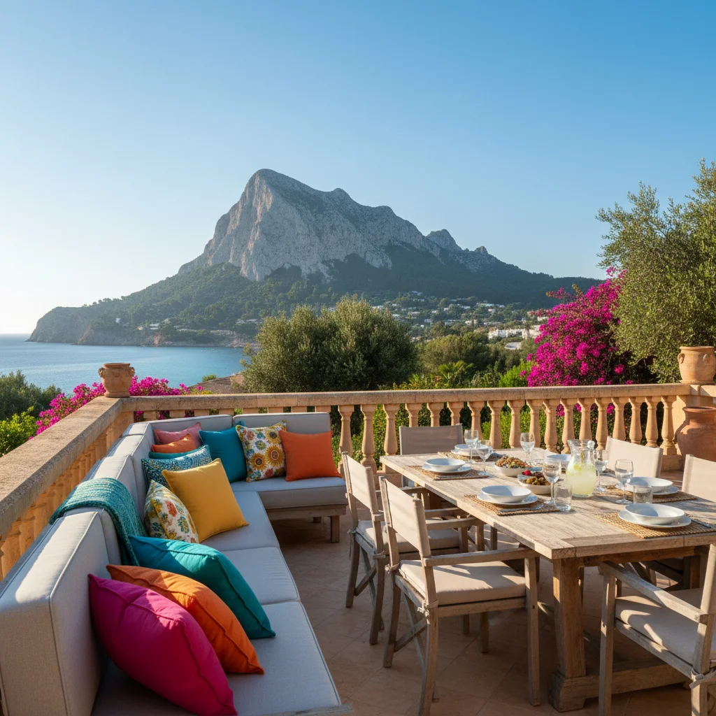 Outdoor-Kissen & Textilien-Einrichtung auf einer mediterranen Terrasse in Jávea, Costa Blanca