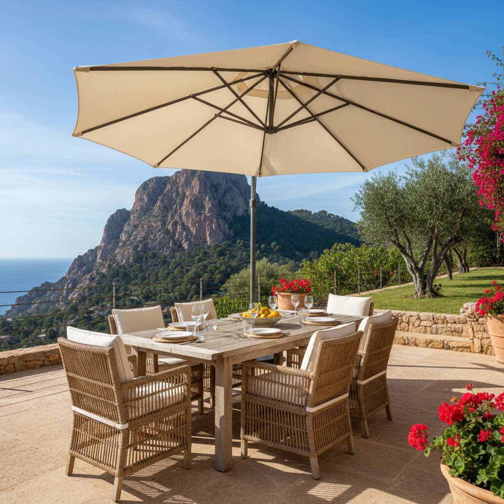 Instalación de sombrillas y parasoles en una terraza mediterránea en Jávea, Costa Blanca