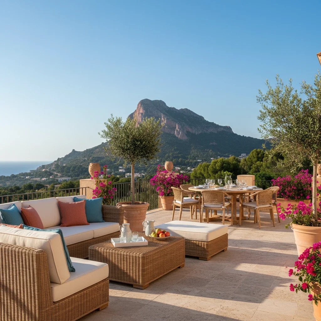 Instalación de conjuntos lounge de ratán en una terraza mediterránea en Jávea, Costa Blanca