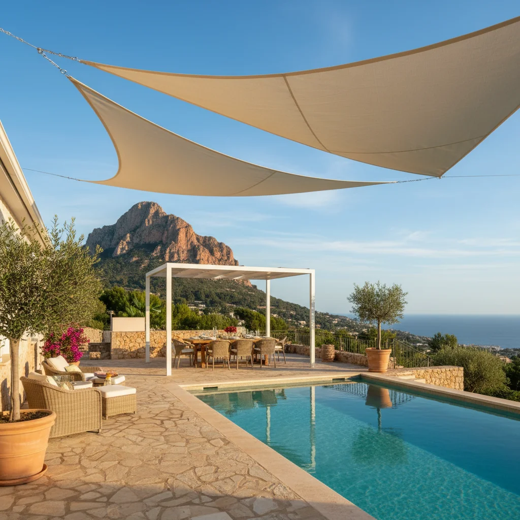 Instalación de velas de sombra en una terraza mediterránea en Jávea, Costa Blanca
