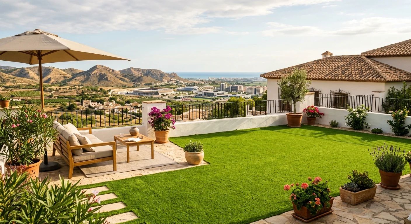 Instalación de césped artificial y paisajismo en una terraza mediterránea en La Nucía, Costa Blanca