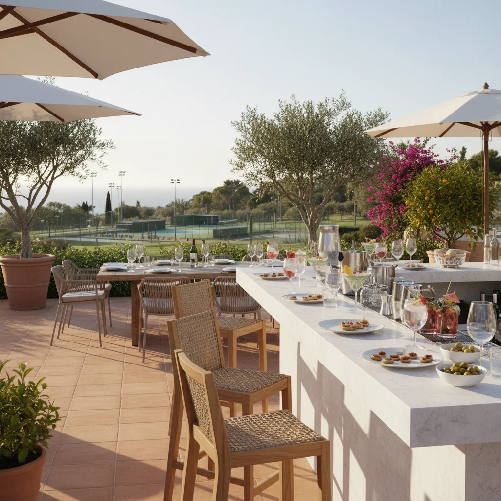 Instalación de muebles de bar exterior en una terraza mediterránea en La Nucía, Costa Blanca