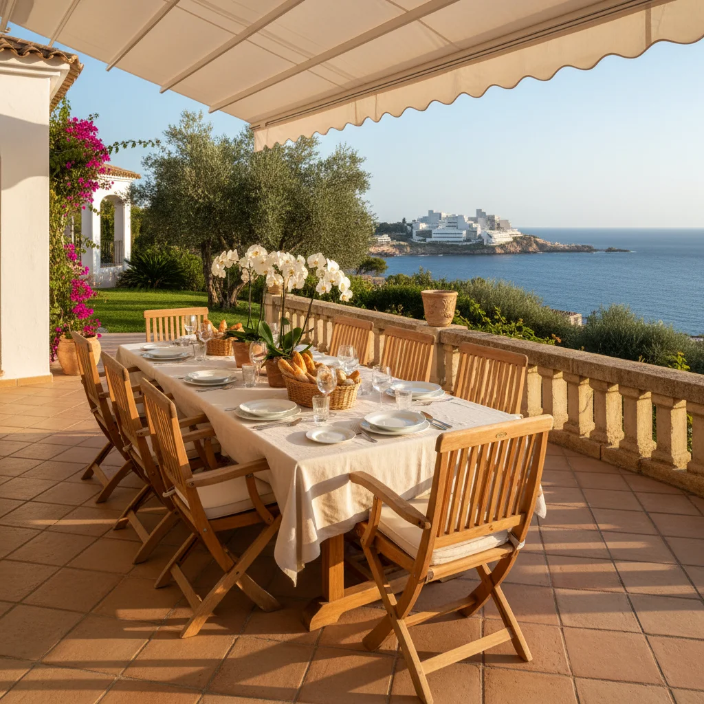 Instalación de conjuntos de comedor exterior en una terraza mediterránea en La Nucía, Costa Blanca
