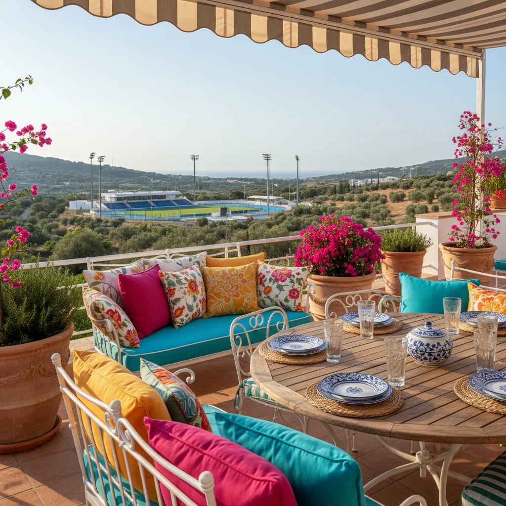 Outdoor-Kissen & Textilien-Einrichtung auf einer mediterranen Terrasse in La Nucía, Costa Blanca