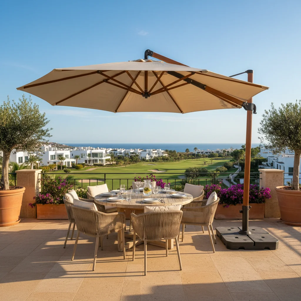 Instalación de sombrillas y parasoles en una terraza mediterránea en La Nucía, Costa Blanca