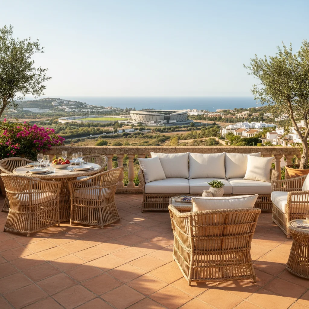 Instalación de conjuntos lounge de ratán en una terraza mediterránea en La Nucía, Costa Blanca