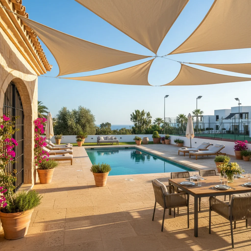 Instalación de velas de sombra en una terraza mediterránea en La Nucía, Costa Blanca