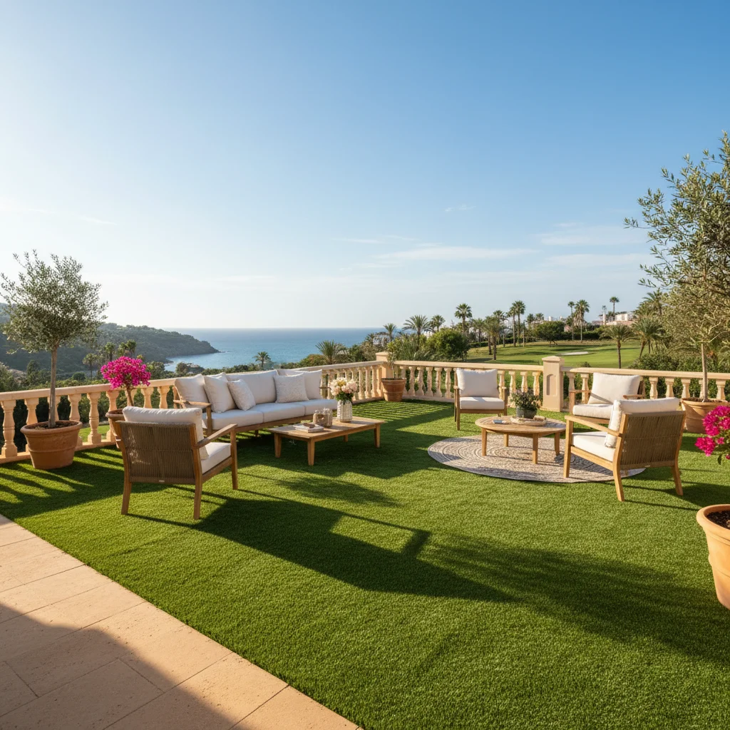 Instalación de césped artificial y paisajismo en una terraza mediterránea en Los Montesinos, Costa Blanca